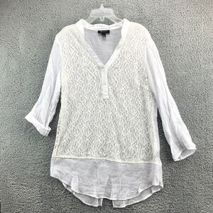 AB Studio Blouse Womens Size Large White Lace Wedding Tunic Semi Sheer Roll Tab